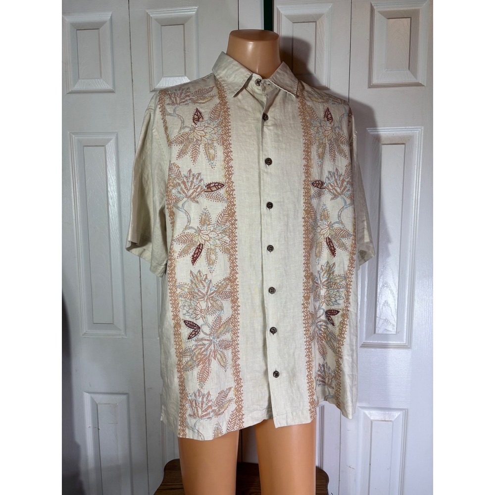 NWT Caribbean Roundtree & Yorke Mens XL Embroidered Linen Blend Button Shirt XL‎